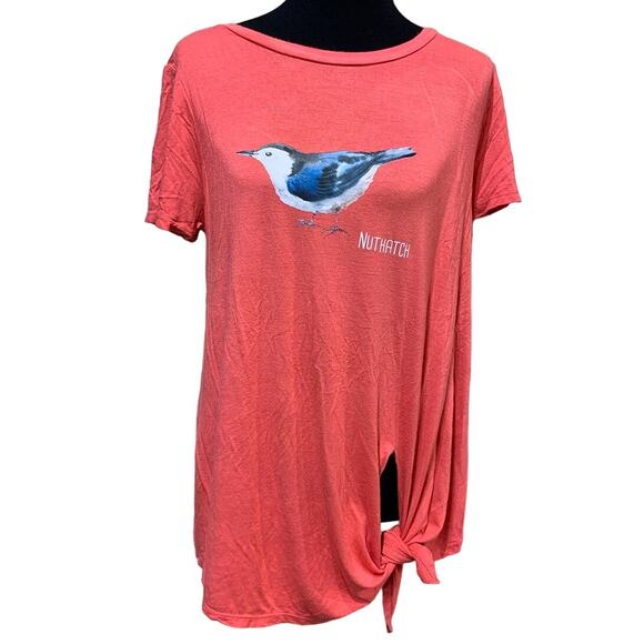 Hand Printed Upcycled Womens Medium Maternity Nuthatch Blue Bird Tee Shirt - Picture 1 of 3